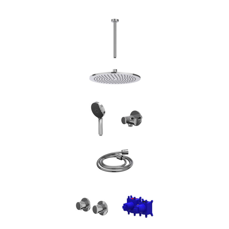 Regendoucheset inbouwthermostaatkraan met 2-weg stop-omstel symmetry, 30cm plafondbuis, R30cmME, verstelbare steun met geïnt. uitlaat, doucheslang 150cm en 3-standen handdouche