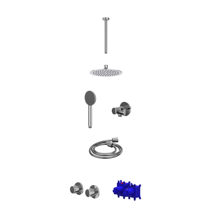 Regendoucheset inbouwthermostaatkraan met 2-weg stop-omstel symmetry, 30cm plafondbuis, R20cmSL, verstelbare steun met geïnt. uitlaat, doucheslang 150cm en satin spray handdouche