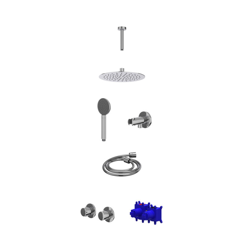 Winkelwagen 21 Regendoucheset inbouwthermostaatkraan met 2-weg stop-omstel symmetry, 15cm plafondbuis, R25cmSL, houder met uitlaat, doucheslang 150cm en satin spray handdouche