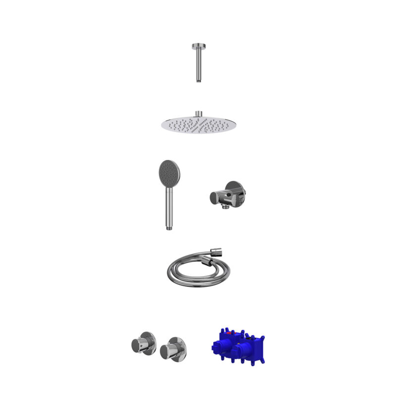 Winkelwagen 36 Regendoucheset inbouwthermostaatkraan met 2-weg stop-omstel symmetry, 15cm plafondbuis, R25cmSL, verstelbare steun met geïnt. uitlaat, doucheslang 150cm en satin spray handdouche