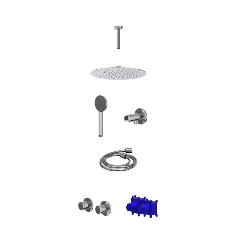 Regendoucheset inbouwthermostaatkraan met 2-weg stop-omstel symmetry, 15cm plafondbuis, R30cmSL, houder met uitlaat, douchesl