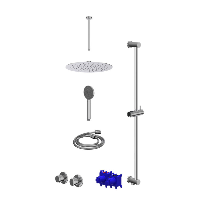 Regendoucheset inbouwthermostaatkraan met 2-weg stop-omstel symmetry, 30cm plafondbuis, R30cmSL, glijstang met uitlaat, doucheslang 150cm en satin spray handdouche