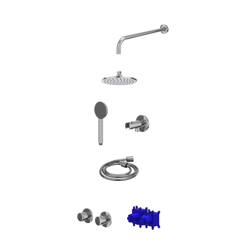 Winkelwagen 5 Regendoucheset inbouwthermostaatkraan met 2-weg stop-omstel symmetry, 40cm wandarm, R20cmME, houder met uitlaat, doucheslang 150cm en satin spray handdouche