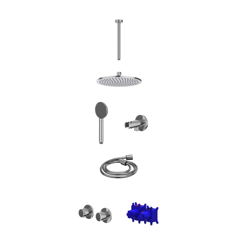 Winkelwagen 8 Regendoucheset inbouwthermostaatkraan met 2-weg stop-omstel symmetry, 30cm plafondbuis, R25cmME, houder met uitlaat, doucheslang 150cm en satin spray handdouche