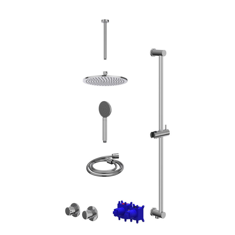 Winkelwagen 26 Regendoucheset inbouwthermostaatkraan met 2-weg stop-omstel symmetry, 30cm plafondbuis, R25cmME, glijstang met uitlaat, doucheslang 150cm en satin spray handdouche