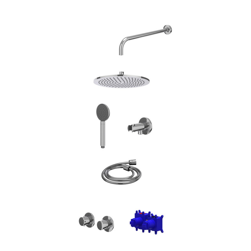 Regendoucheset inbouwthermostaatkraan met 2-weg stop-omstel symmetry, 40cm wandarm, R30cmME, houder met uitlaat, doucheslang 150cm en satin spray handdouche
