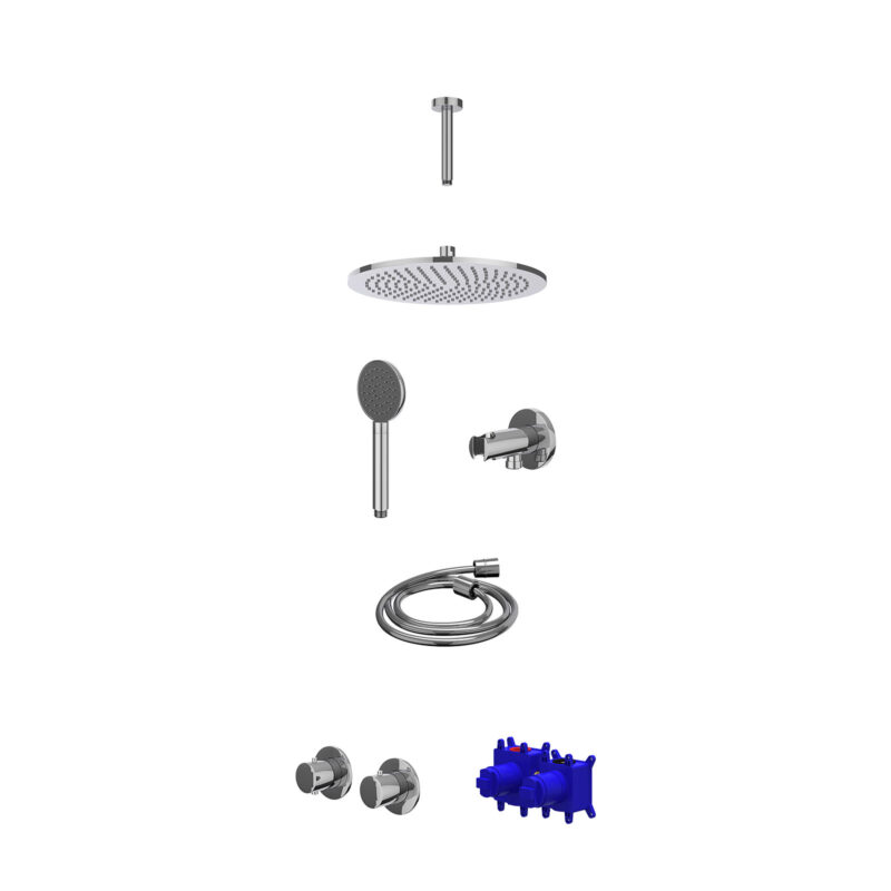 Winkelwagen 8 Regendoucheset inbouwthermostaatkraan met 2-weg stop-omstel symmetry, 15cm plafondbuis, R30cmME, houder met uitlaat, doucheslang 150cm en satin spray handdouche