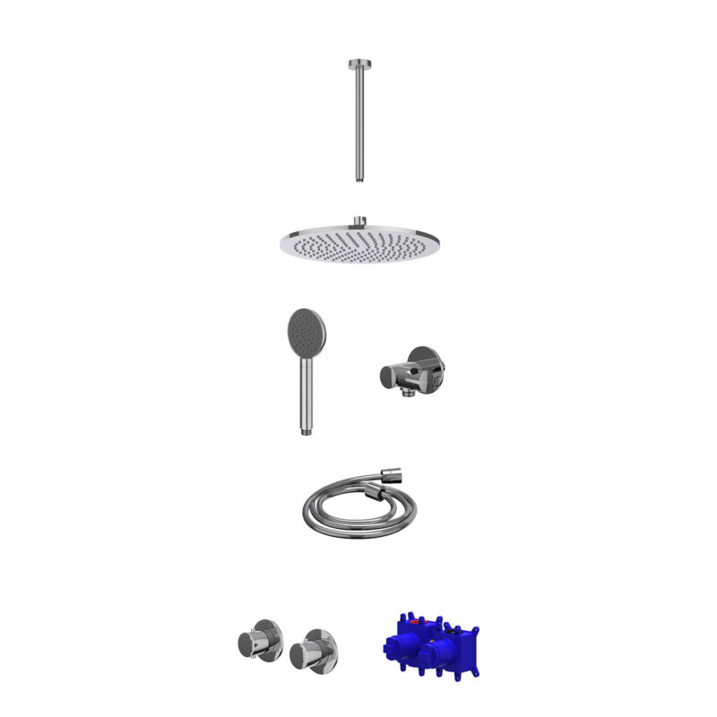 Regendoucheset inbouwthermostaatkraan met 2-weg stop-omstel symmetry, 30cm plafondbuis, R30cmME, verstelbare steun met geïnt. uitlaat, doucheslang 150cm en satin spray handdouche