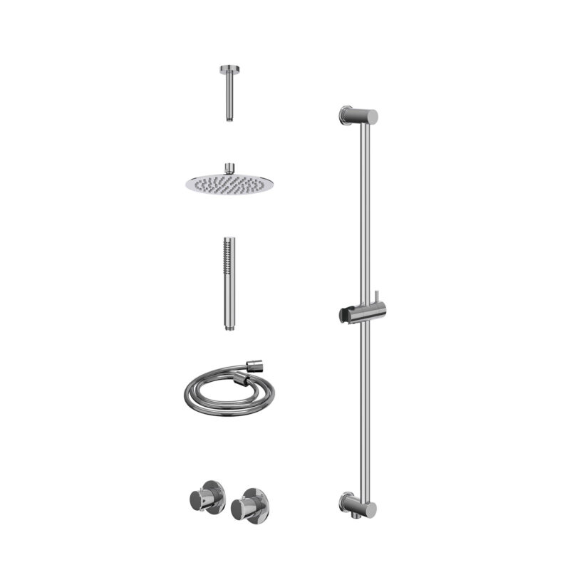 Excl. inbouwbox regendoucheset inbouwthermostaatkraan met 2-weg stop-omstel symmetry, 15cm plafondbuis, R20cmSL, glijstang met uitlaat, doucheslang 150cm en staafmodel