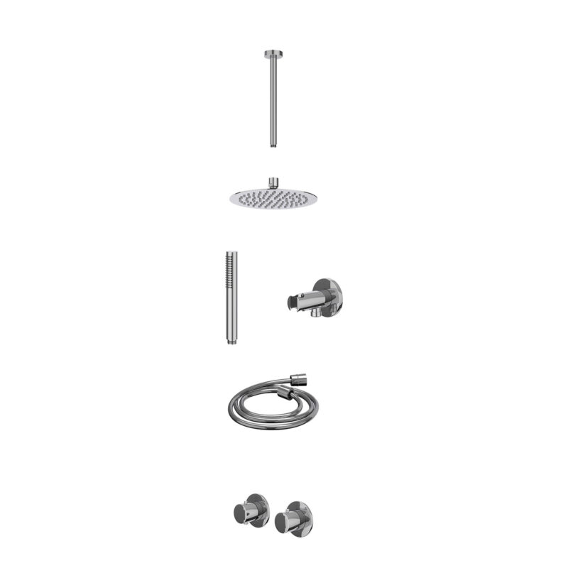 Excl. inbouwbox regendoucheset inbouwthermostaatkraan met 2-weg stop-omstel symmetry, 30cm plafondbuis, R20cmSL, houder met uitlaat, doucheslang 150cm en staafmodel