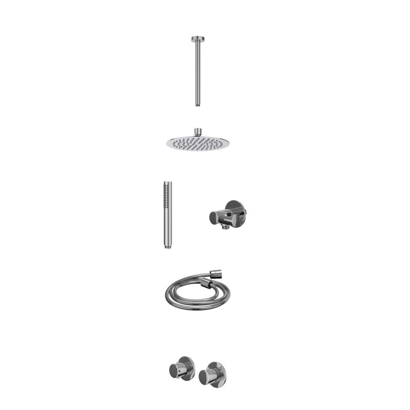 Excl. inbouwbox regendoucheset inbouwthermostaatkraan met 2-weg stop-omstel symmetry, 30cm plafondbuis, R20cmSL, verstelbare steun met geïnt. uitlaat, doucheslang 150cm en staafmodel
