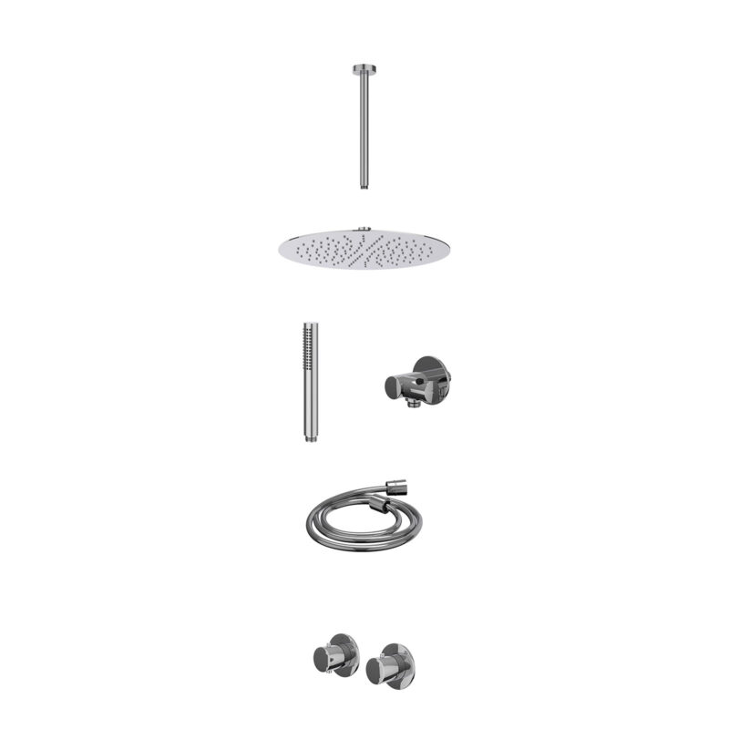 Excl. inbouwbox regendoucheset inbouwthermostaatkraan met 2-weg stop-omstel symmetry, 30cm plafondbuis, R30cmSL, verstelbare steun met geïnt. uitlaat, doucheslang 150cm en staafmodel