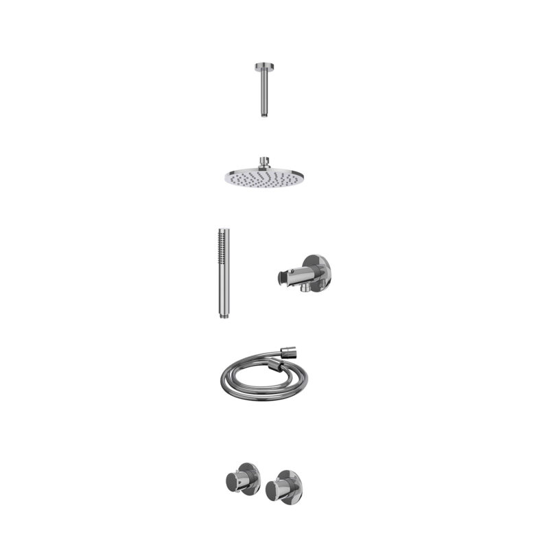 Excl. inbouwbox regendoucheset inbouwthermostaatkraan met 2-weg stop-omstel symmetry, 15cm plafondbuis, R20cmME, houder met uitlaat, doucheslang 150cm en staafmodel