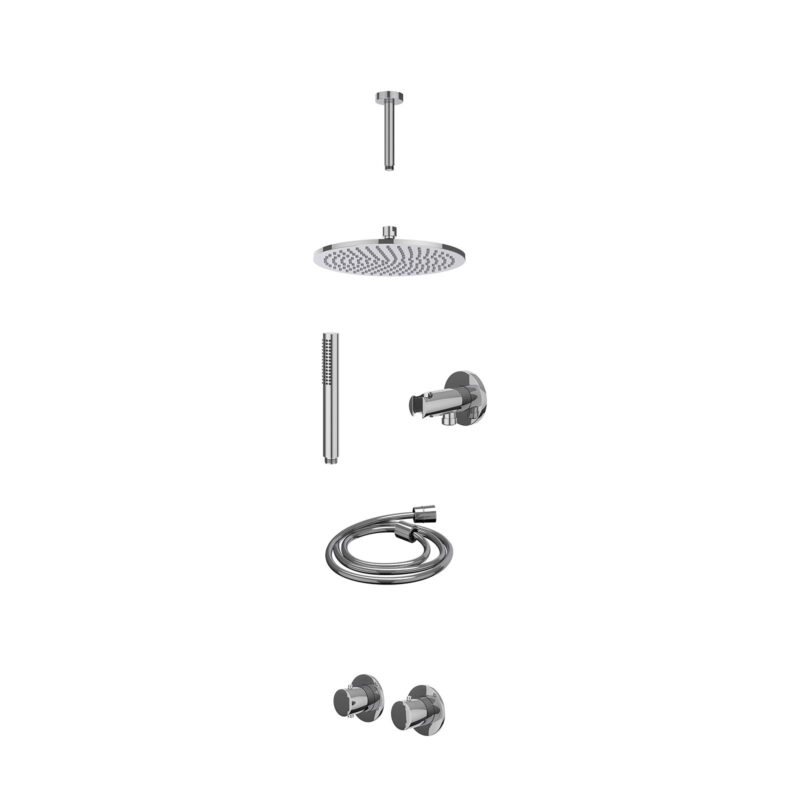 Excl. inbouwbox regendoucheset inbouwthermostaatkraan met 2-weg stop-omstel symmetry, 15cm plafondbuis, R25cmME, houder met uitlaat, doucheslang 150cm en staafmodel