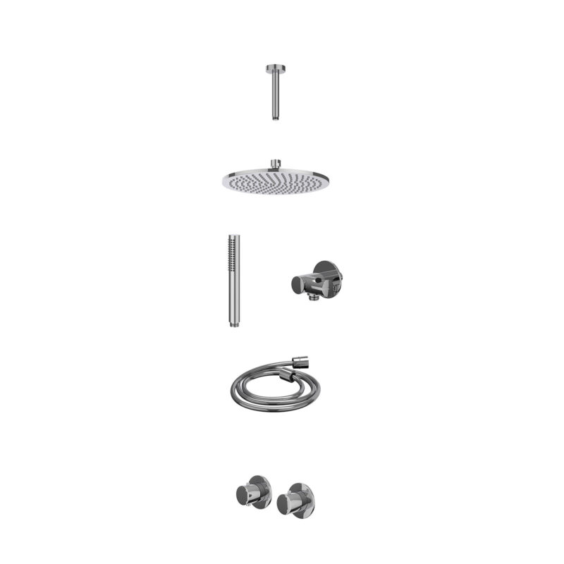 Excl. inbouwbox regendoucheset inbouwthermostaatkraan met 2-weg stop-omstel symmetry, 15cm plafondbuis, R25cmME, verstelbare steun met geïnt. uitlaat, doucheslang 150cm en staafmodel