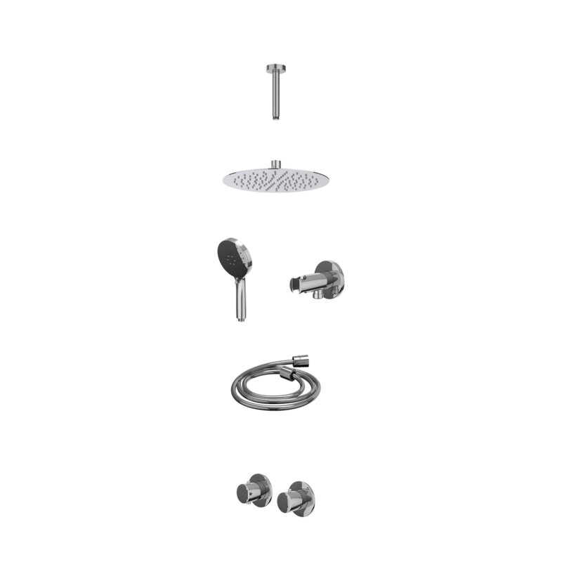 Excl. inbouwbox regendoucheset inbouwthermostaatkraan met 2-weg stop-omstel symmetry, 15cm plafondbuis, R25cmSL, houder met uitlaat, doucheslang 150cm en 3-standen handdouche