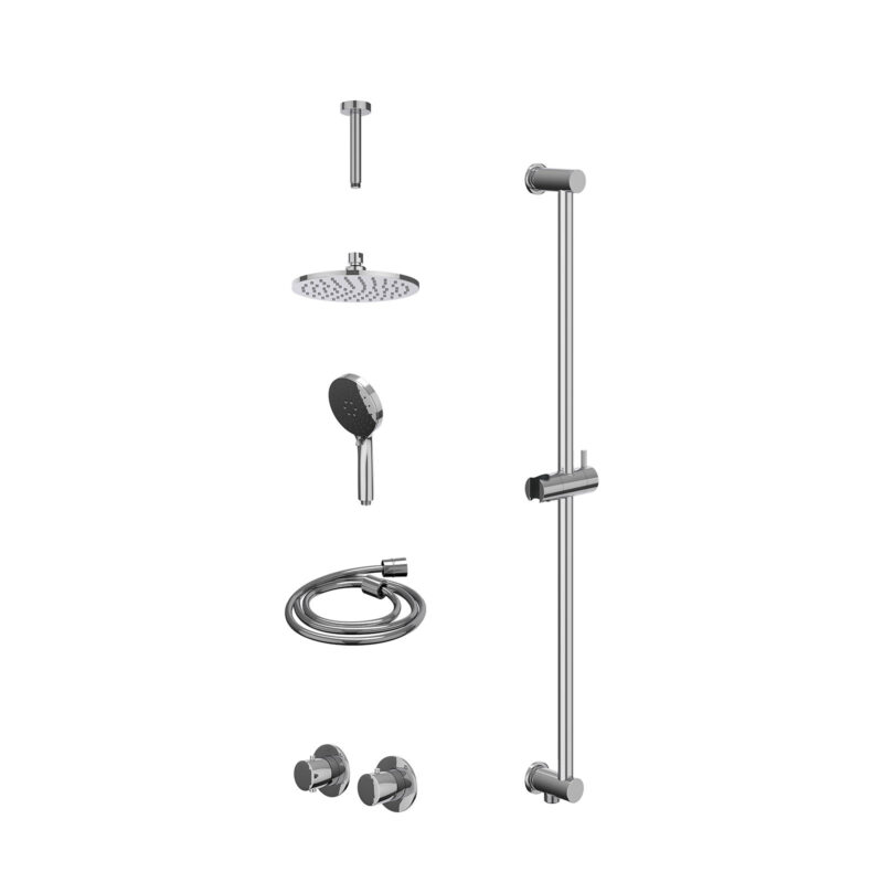 Excl. inbouwbox regendoucheset inbouwthermostaatkraan met 2-weg stop-omstel symmetry, 15cm plafondbuis, R20cmME, glijstang met uitlaat, doucheslang 150cm en 3-standen handdouche