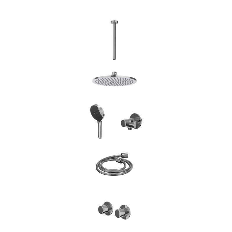 Winkelwagen 8 Excl. inbouwbox regendoucheset inbouwthermostaatkraan met 2-weg stop-omstel symmetry, 30cm plafondbuis, R25cmME, verstelbare steun met geïnt. uitlaat, doucheslang 150cm en 3-standen handdouche