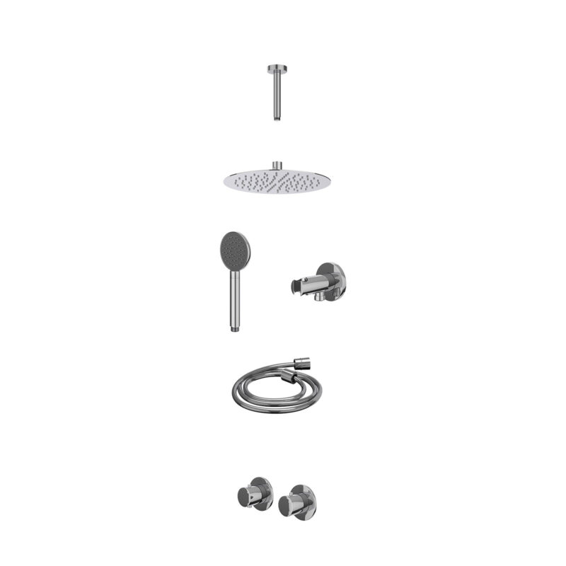 Winkelwagen 29 Excl. inbouwbox regendoucheset inbouwthermostaatkraan met 2-weg stop-omstel symmetry, 15cm plafondbuis, R25cmSL, houder met uitlaat, doucheslang 150cm en satin spray handdouche