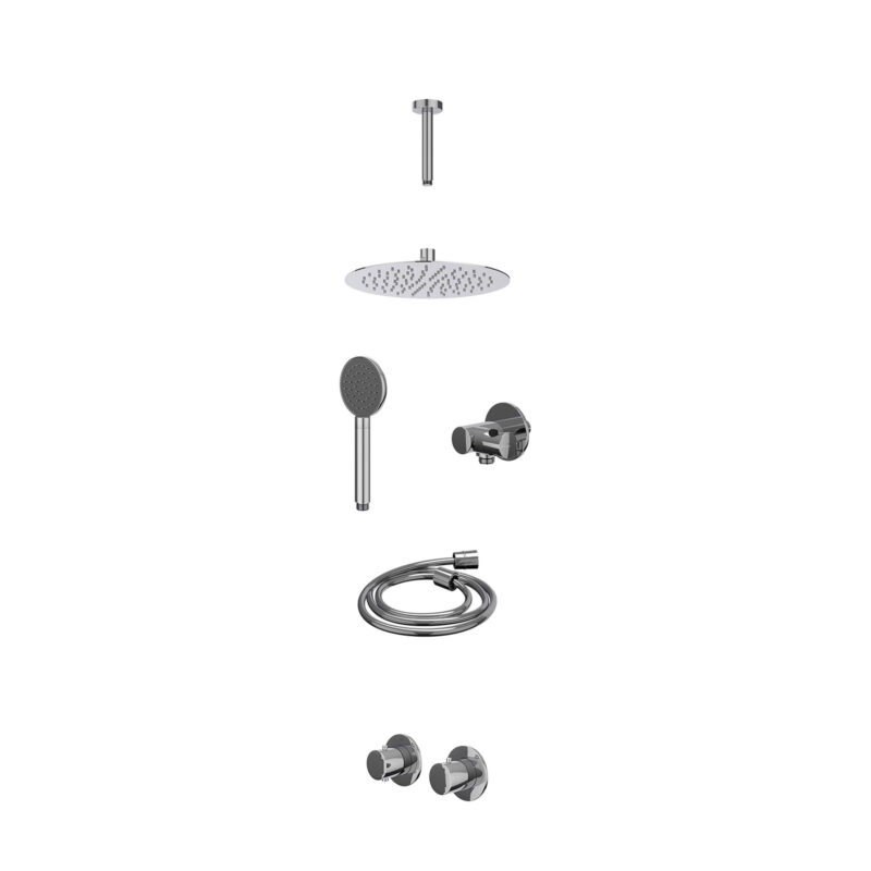 Excl. inbouwbox regendoucheset inbouwthermostaatkraan met 2-weg stop-omstel symmetry, 15cm plafondbuis, R25cmSL, verstelbare steun met geïnt. uitlaat, doucheslang 150cm en satin spray handdouche