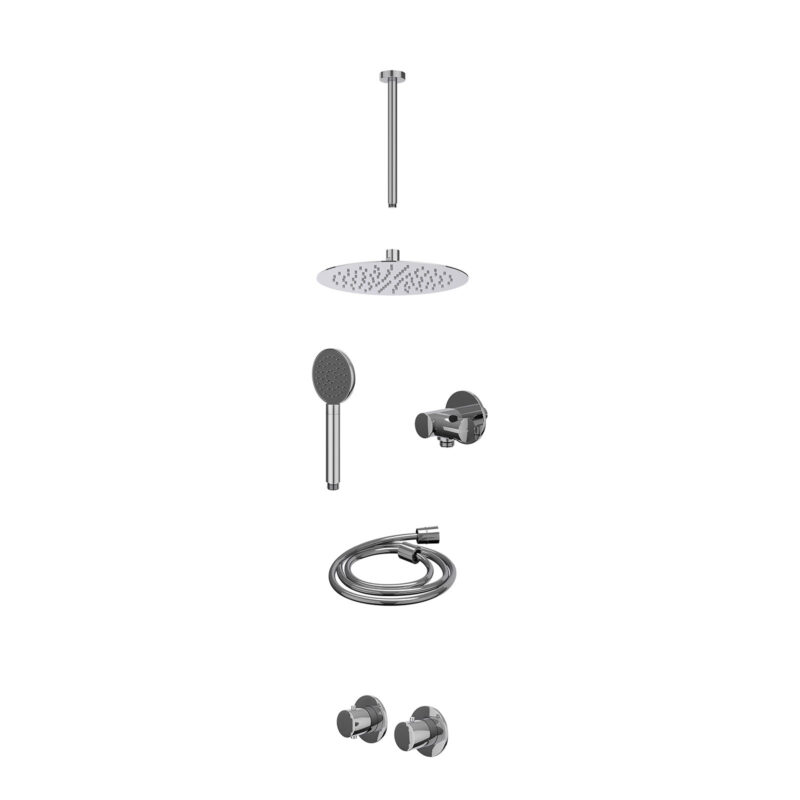 Winkelwagen 6 Excl. inbouwbox regendoucheset inbouwthermostaatkraan met 2-weg stop-omstel symmetry, 30cm plafondbuis, R25cmSL, verstelbare steun met geïnt. uitlaat, doucheslang 150cm en satin spray handdouche
