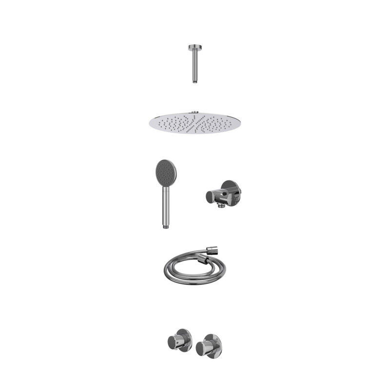 Excl. inbouwbox regendoucheset inbouwthermostaatkraan met 2-weg stop-omstel symmetry, 15cm plafondbuis, R30cmSL, verstelbare steun met geïnt. uitlaat, doucheslang 150cm en satin spray handdouche