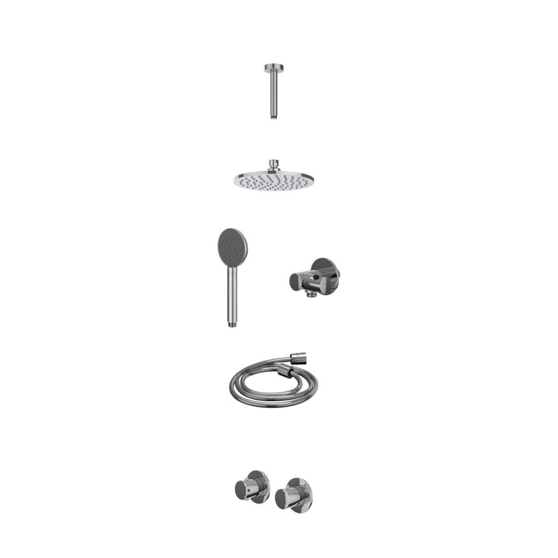 Excl. inbouwbox regendoucheset inbouwthermostaatkraan met 2-weg stop-omstel symmetry, 15cm plafondbuis, R20cmME, verstelbare steun met geïnt. uitlaat, doucheslang 150cm en satin spray handdouche