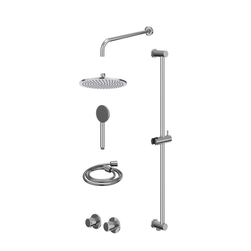Excl. inbouwbox regendoucheset inbouwthermostaatkraan met 2-weg stop-omstel symmetry, 40cm wandarm, R25cmME, glijstang met uitlaat, doucheslang 150cm en satin spray handdouche