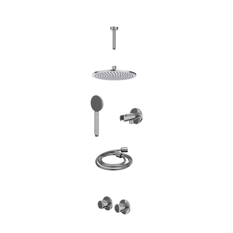 Winkelwagen 9 Excl. inbouwbox regendoucheset inbouwthermostaatkraan met 2-weg stop-omstel symmetry, 15cm plafondbuis, R25cmME, houder met uitlaat, doucheslang 150cm en satin spray handdouche