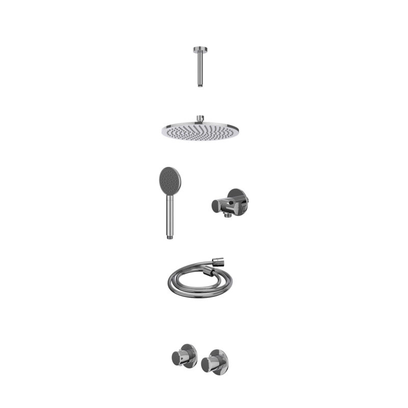 Excl. inbouwbox regendoucheset inbouwthermostaatkraan met 2-weg stop-omstel symmetry, 15cm plafondbuis, R25cmME, verstelbare steun met geïnt. uitlaat, doucheslang 150cm en satin spray handdouche