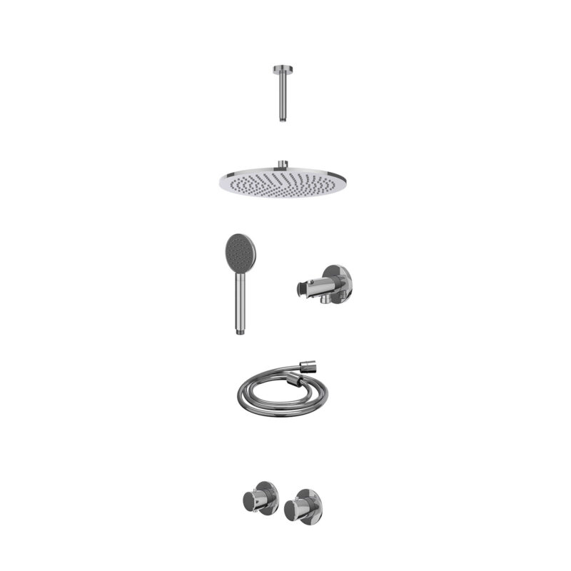Winkelwagen 18 Excl. inbouwbox regendoucheset inbouwthermostaatkraan met 2-weg stop-omstel symmetry, 15cm plafondbuis, R30cmME, houder met uitlaat, doucheslang 150cm en satin spray handdouche