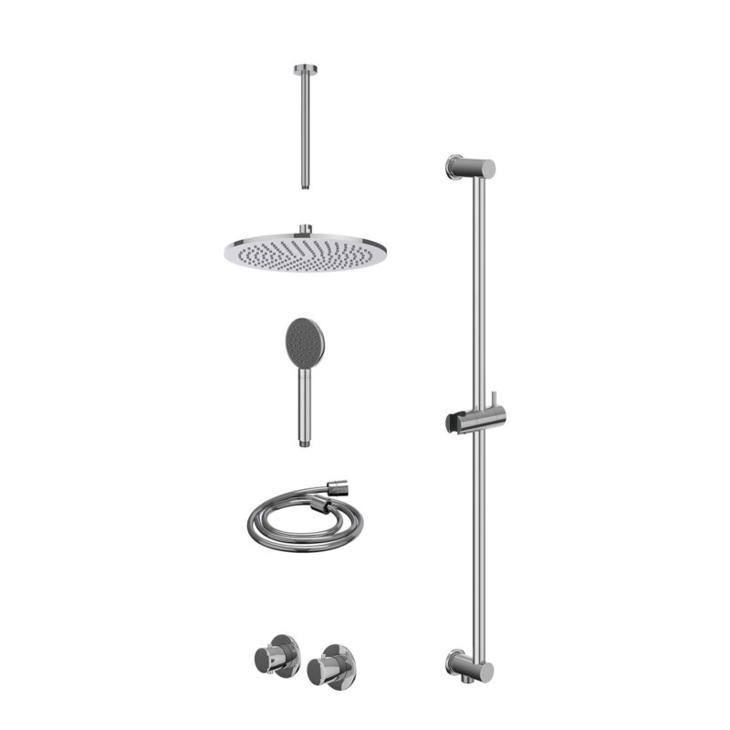 Excl. inbouwbox regendoucheset inbouwthermostaatkraan met 2-weg stop-omstel symmetry, 30cm plafondbuis, R30cmME, glijstang met uitlaat, doucheslang 150cm en satin spray handdouche