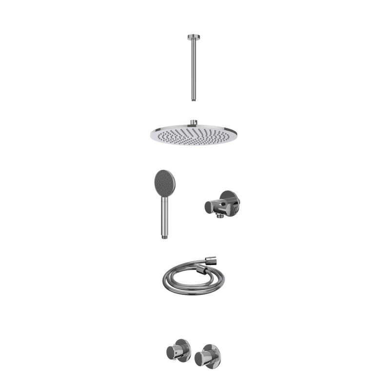 Excl. inbouwbox regendoucheset inbouwthermostaatkraan met 2-weg stop-omstel symmetry, 30cm plafondbuis, R30cmME, verstelbare steun met geïnt. uitlaat, doucheslang 150cm en satin spray handdouche