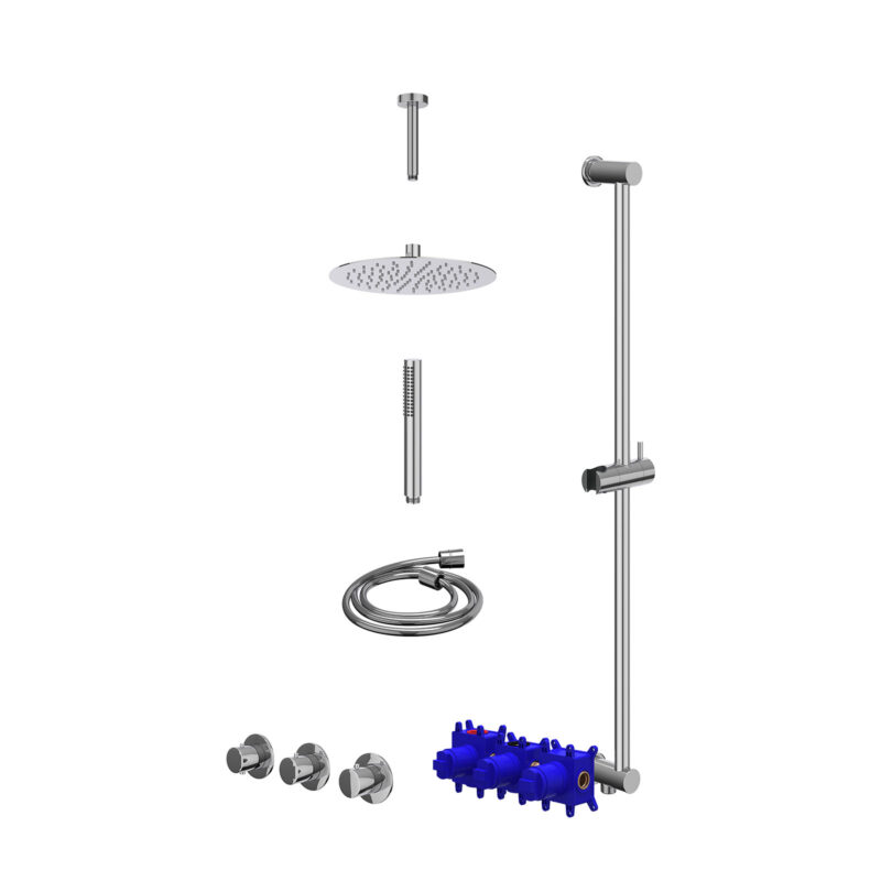 Winkelwagen 26 Regendoucheset inbouwthermostaatkraan met 2 vaste stopkranen symmetry, plafondbuis 15cm, R25cmSL, glijstang met uitlaat, doucheslang 150cm en staafmodel