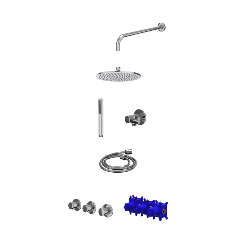 Regendoucheset inbouwthermostaatkraan met 2 vaste stopkranen symmetry, wandarm, R25cmME, verstelbare steun met geïnt. uitlaat, doucheslang 150cm en staafmodel