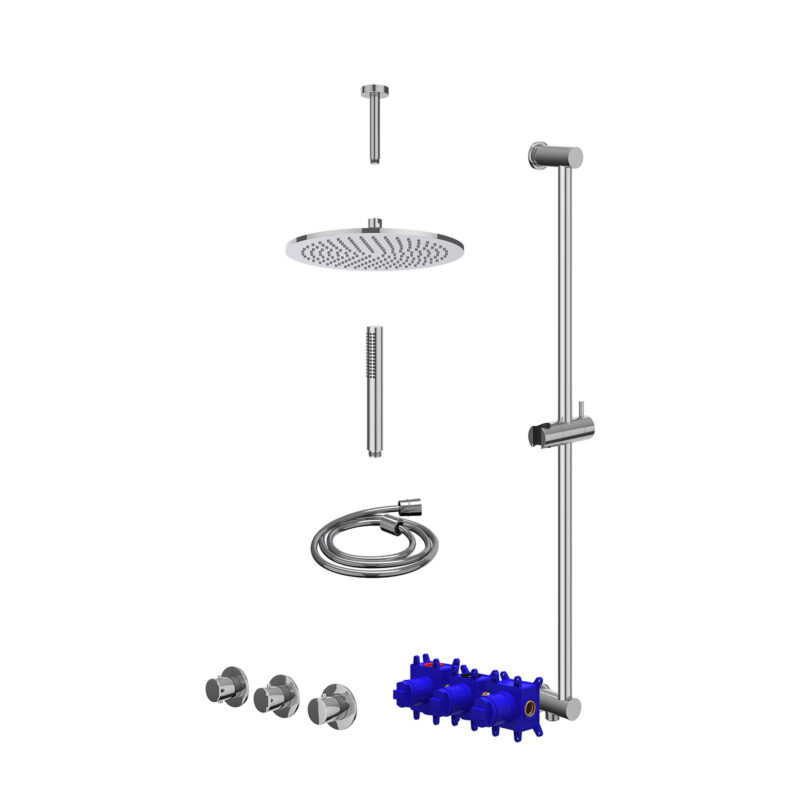 Regendoucheset inbouwthermostaatkraan met 2 vaste stopkranen symmetry, plafondbuis 15cm, R30cmME, glijstang met uitlaat, doucheslang 150cm en staafmodel