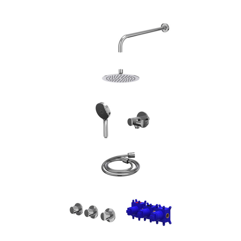 Winkelwagen 29 Regendoucheset inbouwthermostaatkraan met 2 vaste stopkranen symmetry, wandarm, R20cmSL, verstelbare steun met geïnt. uitlaat, doucheslang 150cm en 3-standen handdouche