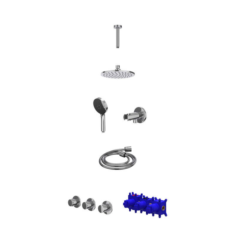 Regendoucheset inbouwthermostaatkraan met 2 vaste stopkranen symmetry, plafondbuis 15cm, R20cmME, houder met uitlaat, doucheslang 150cm en 3-standen handdouche