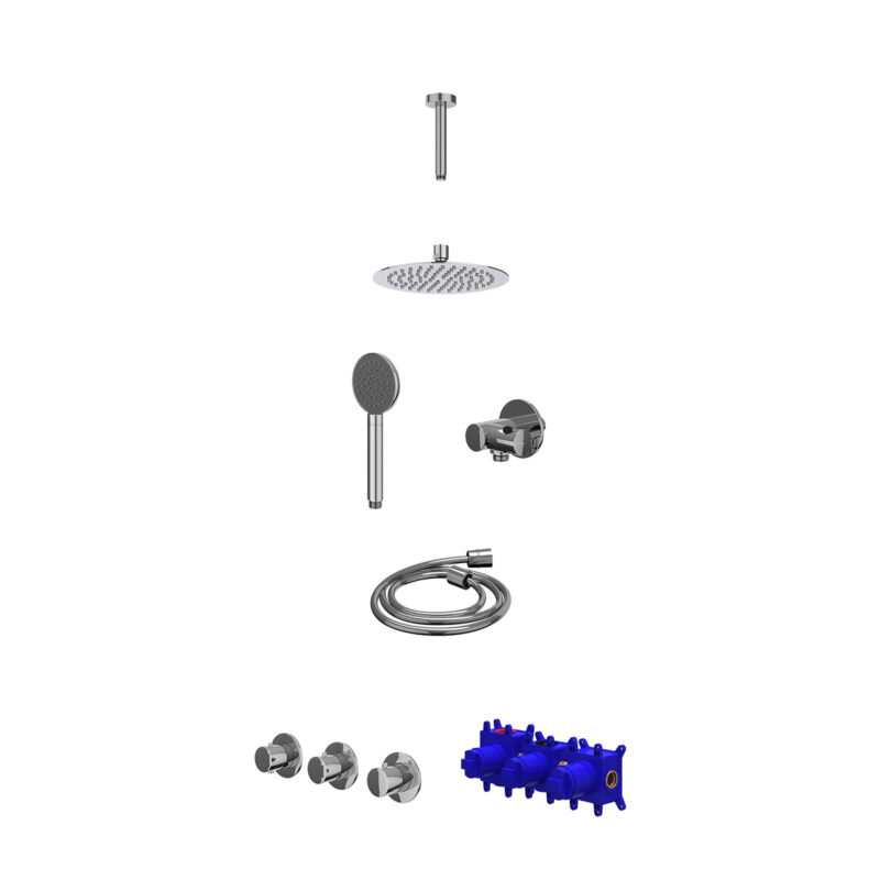 Regendoucheset inbouwthermostaatkraan met 2 vaste stopkranen symmetry, plafondbuis 15cm, R20cmSL, verstelbare steun met geïnt. uitlaat, doucheslang 150cm en satin spray handdouche