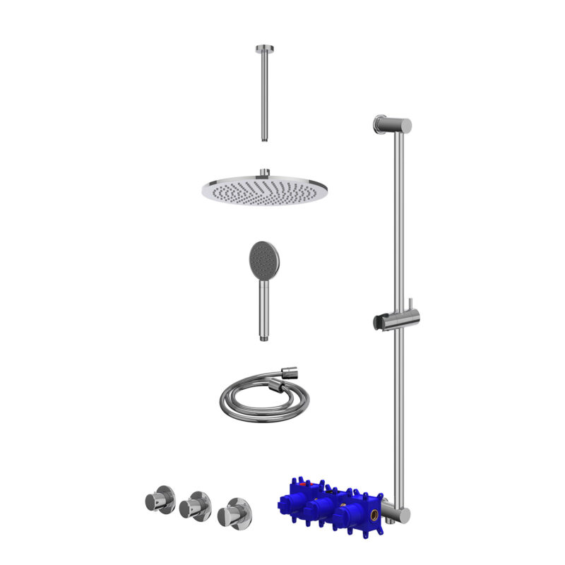 Regendoucheset inbouwthermostaatkraan met 2 vaste stopkranen symmetry, plafondbuis 30cm, R30cmME, glijstang met uitlaat, doucheslang 150cm en satin spray handdouche