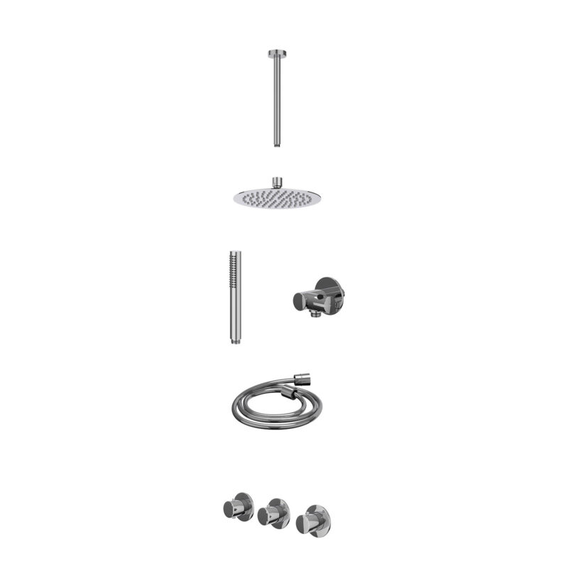 Excl. inbouwbox regendoucheset inbouwthermostaatkraan met 2 vaste stopkranen symmetry, plafondbuis 30cm, R20cmSL, verstelbare steun met geïnt. uitlaat, doucheslang 150cm en staafmodel