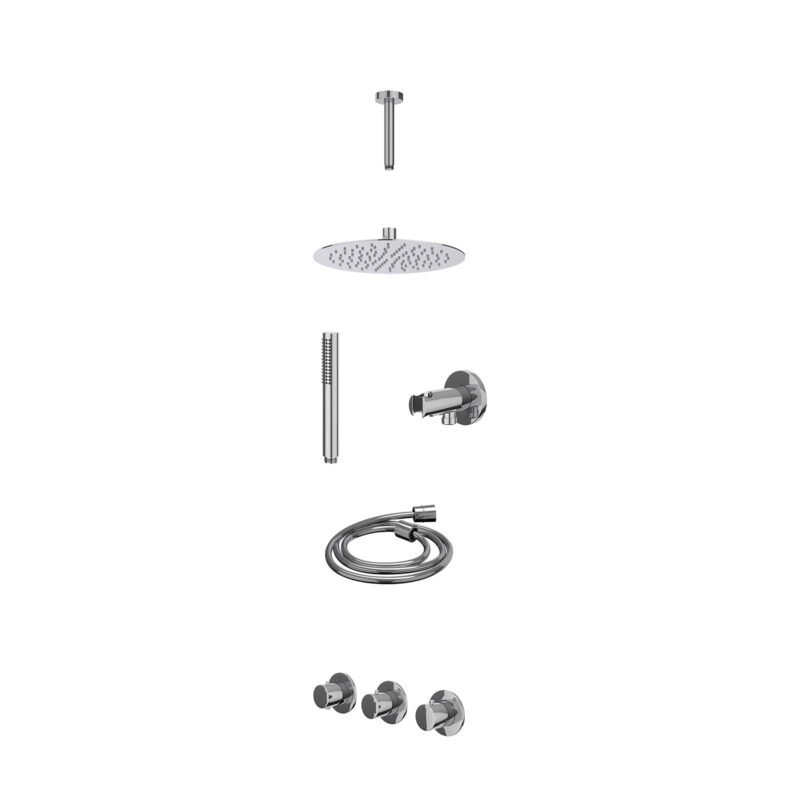 Excl. inbouwbox regendoucheset inbouwthermostaatkraan met 2 vaste stopkranen symmetry, plafondbuis 15cm, R25cmSL, houder met uitlaat, doucheslang 150cm en staafmodel