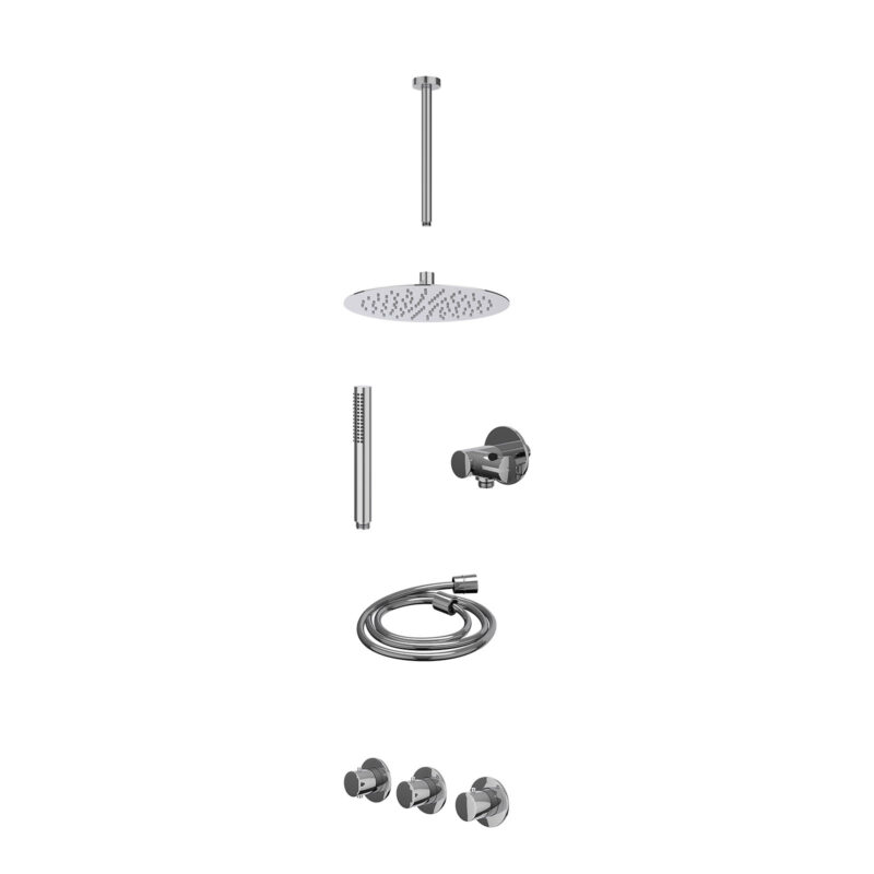 Excl. inbouwbox regendoucheset inbouwthermostaatkraan met 2 vaste stopkranen symmetry, plafondbuis 30cm, R25cmSL, verstelbare steun met geïnt. uitlaat, doucheslang 150cm en staafmodel