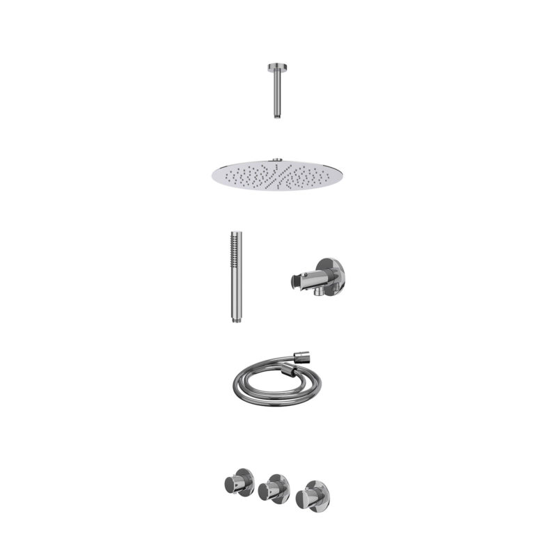 Excl. inbouwbox regendoucheset inbouwthermostaatkraan met 2 vaste stopkranen symmetry, plafondbuis 15cm, R30cmSL, houder met uitlaat, doucheslang 150cm en staafmodel