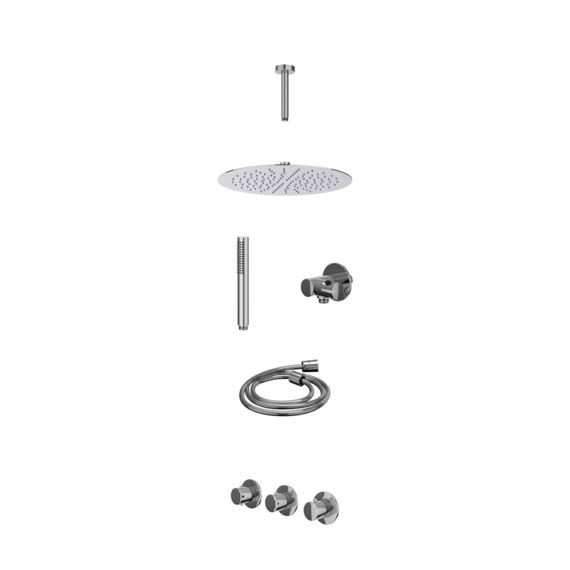 Excl. inbouwbox regendoucheset inbouwthermostaatkraan met 2 vaste stopkranen symmetry, plafondbuis 15cm, R30cmSL, verstelbare steun met geïnt. uitlaat, doucheslang 150cm en staafmodel