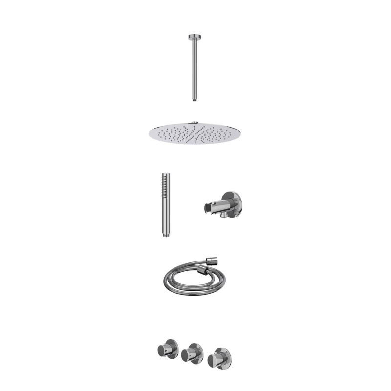 Excl. inbouwbox regendoucheset inbouwthermostaatkraan met 2 vaste stopkranen symmetry, plafondbuis 30cm, R30cmSL, houder met uitlaat, doucheslang 150cm en staafmodel