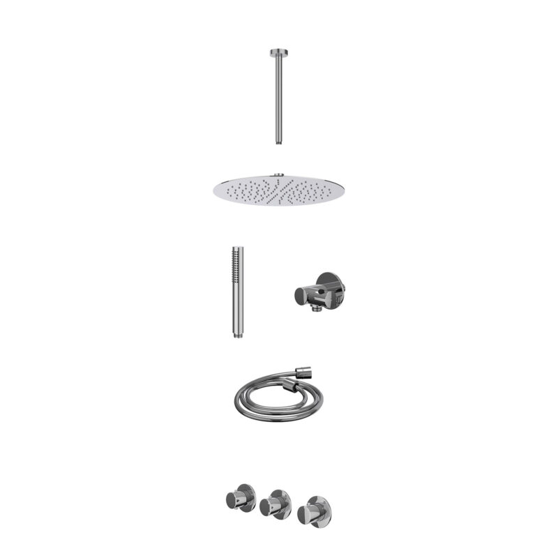 Excl. inbouwbox regendoucheset inbouwthermostaatkraan met 2 vaste stopkranen symmetry, plafondbuis 30cm, R30cmSL, verstelbare steun met geïnt. uitlaat, doucheslang 150cm en staafmodel
