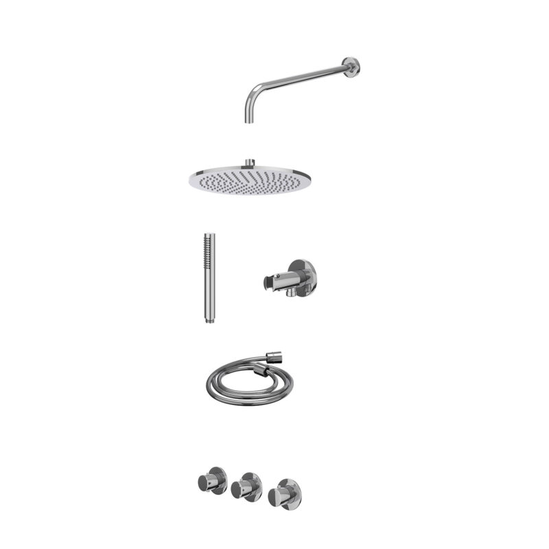 Excl. inbouwbox regendoucheset inbouwthermostaatkraan met 2 vaste stopkranen symmetry, wandarm, R30cmME, houder met uitlaat, doucheslang 150cm en staafmodel
