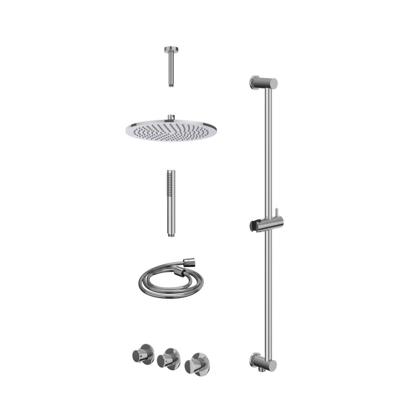 Excl. inbouwbox regendoucheset inbouwthermostaatkraan met 2 vaste stopkranen symmetry, plafondbuis 15cm, R30cmME, glijstang met uitlaat, doucheslang 150cm en staafmodel
