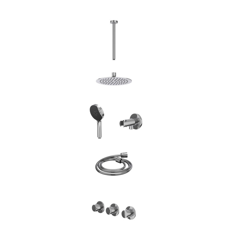 Winkelwagen 12 Excl. inbouwbox regendoucheset inbouwthermostaatkraan met 2 vaste stopkranen symmetry, plafondbuis 30cm, R20cmSL, houder met uitlaat, doucheslang 150cm en 3-standen handdouche